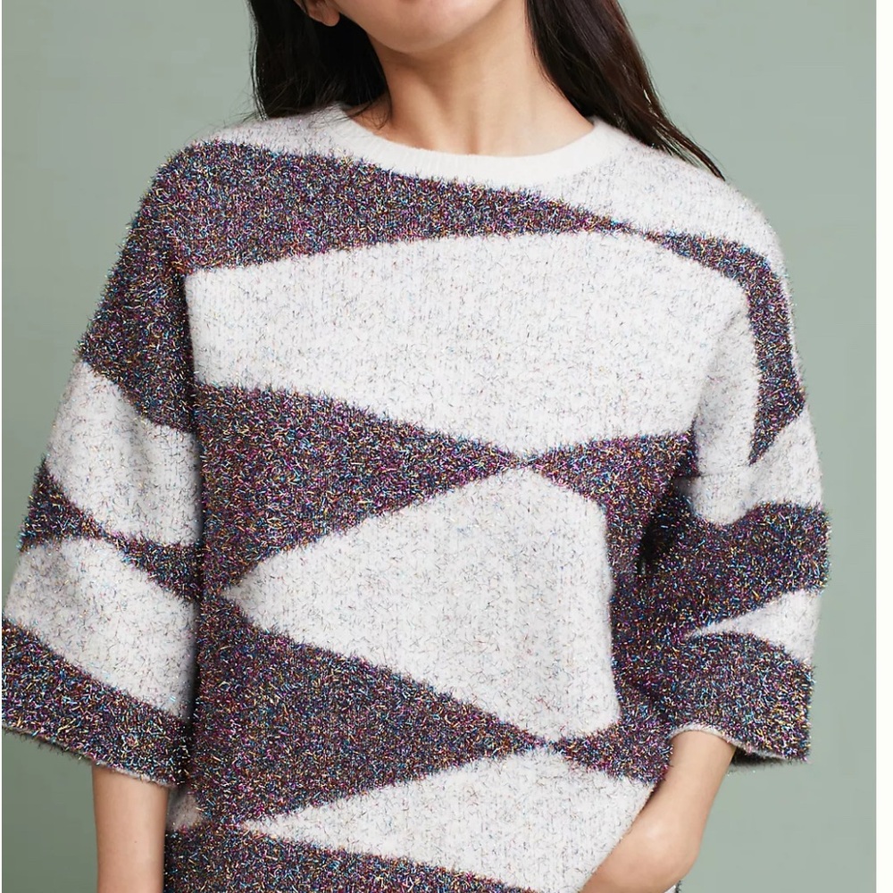 Anthropologie Gray and White Crew Neck Sweater